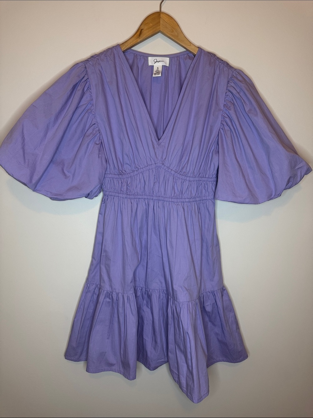 Japna Lavender Puff-Sleeve V-Neck Mini Dress